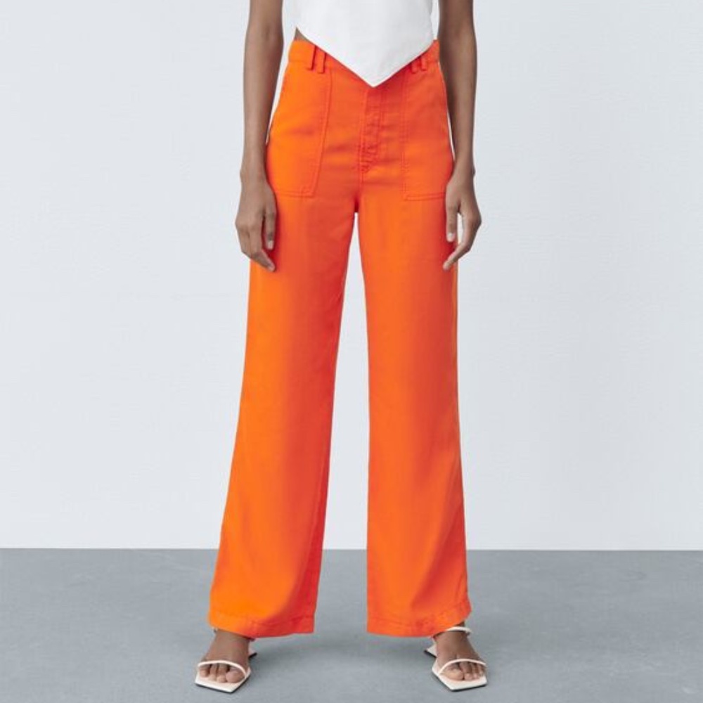 NWT Zara Bright Orange High Rise Wide Leg Pants Trousers M Medium Dopamine
